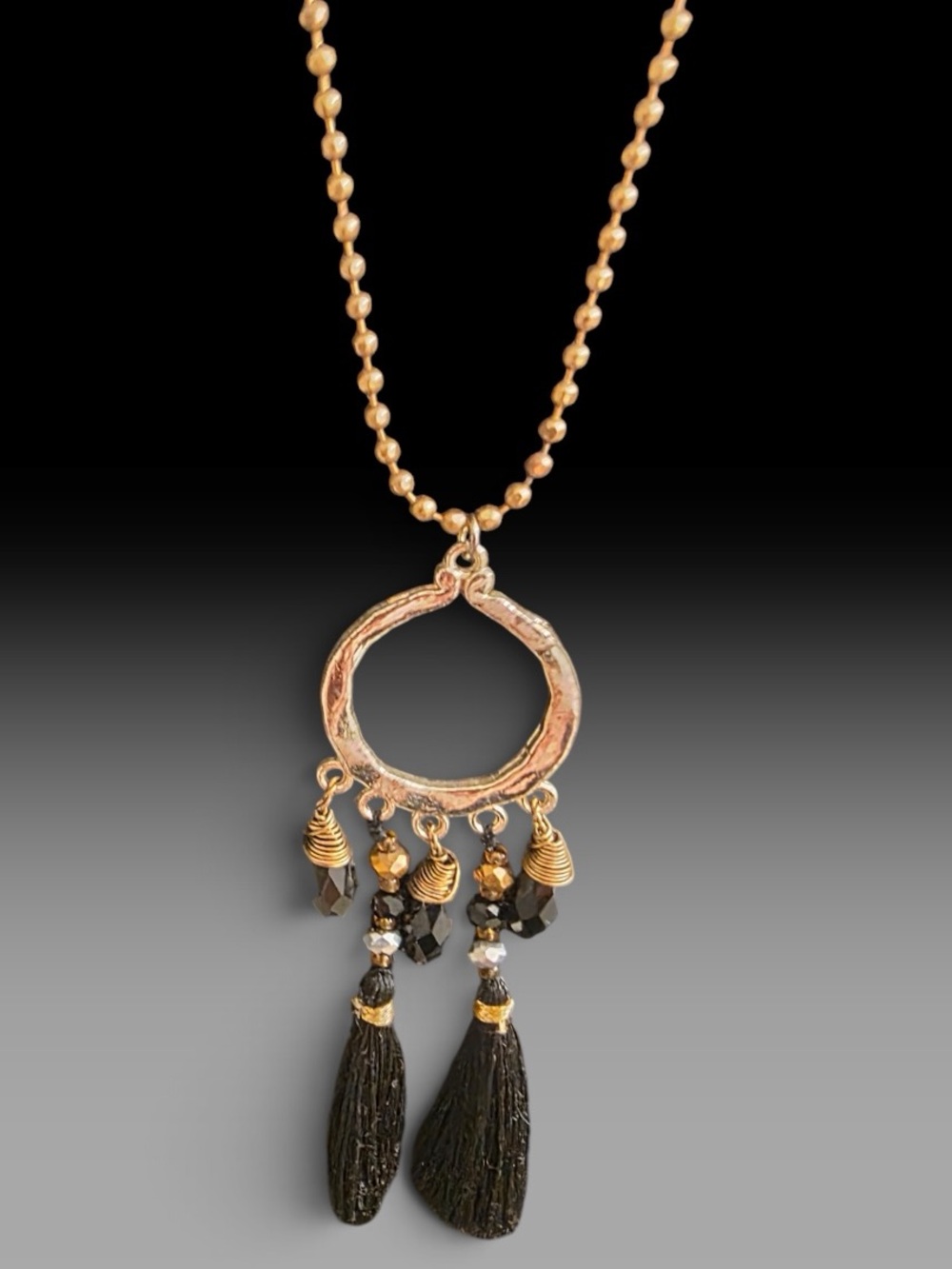 Gold Tone Beaded Circle Charm Tassel Pendant Necklace